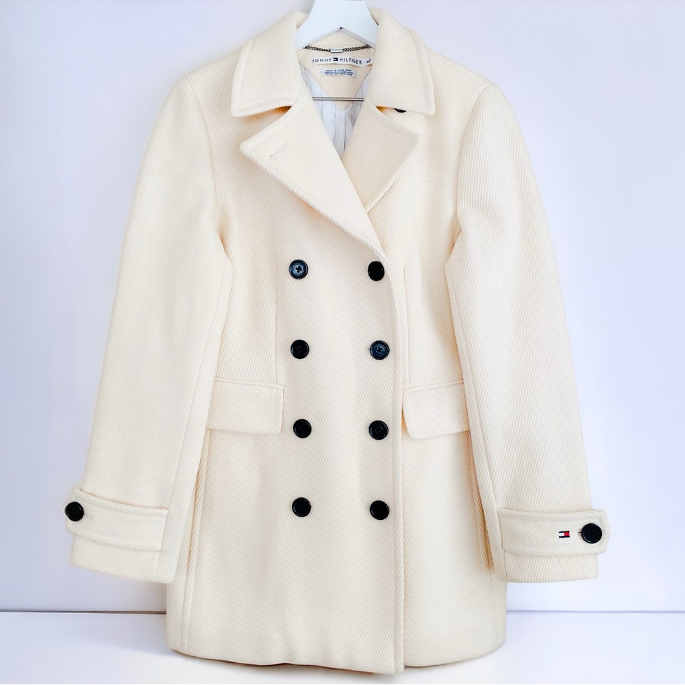 Tommy Hilfiger Cream Textured Double Breasted Logo Sleeve Lined Coat Size Medium